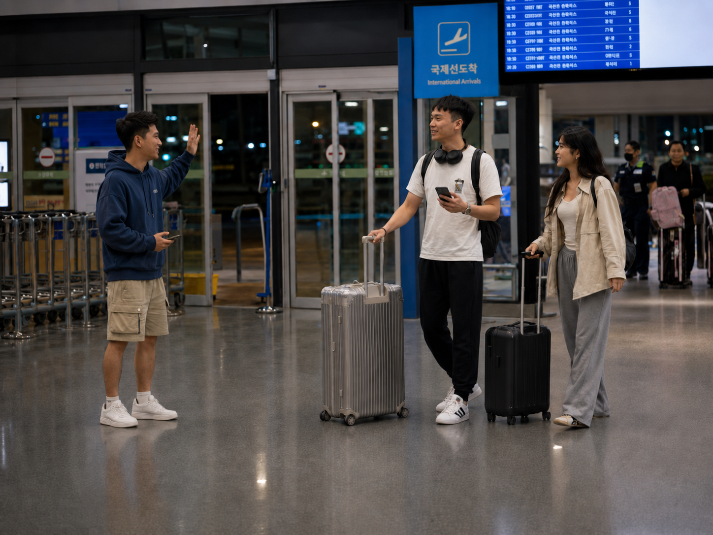 熟悉本地落地流程的人在机场到达大厅与访客会合。
