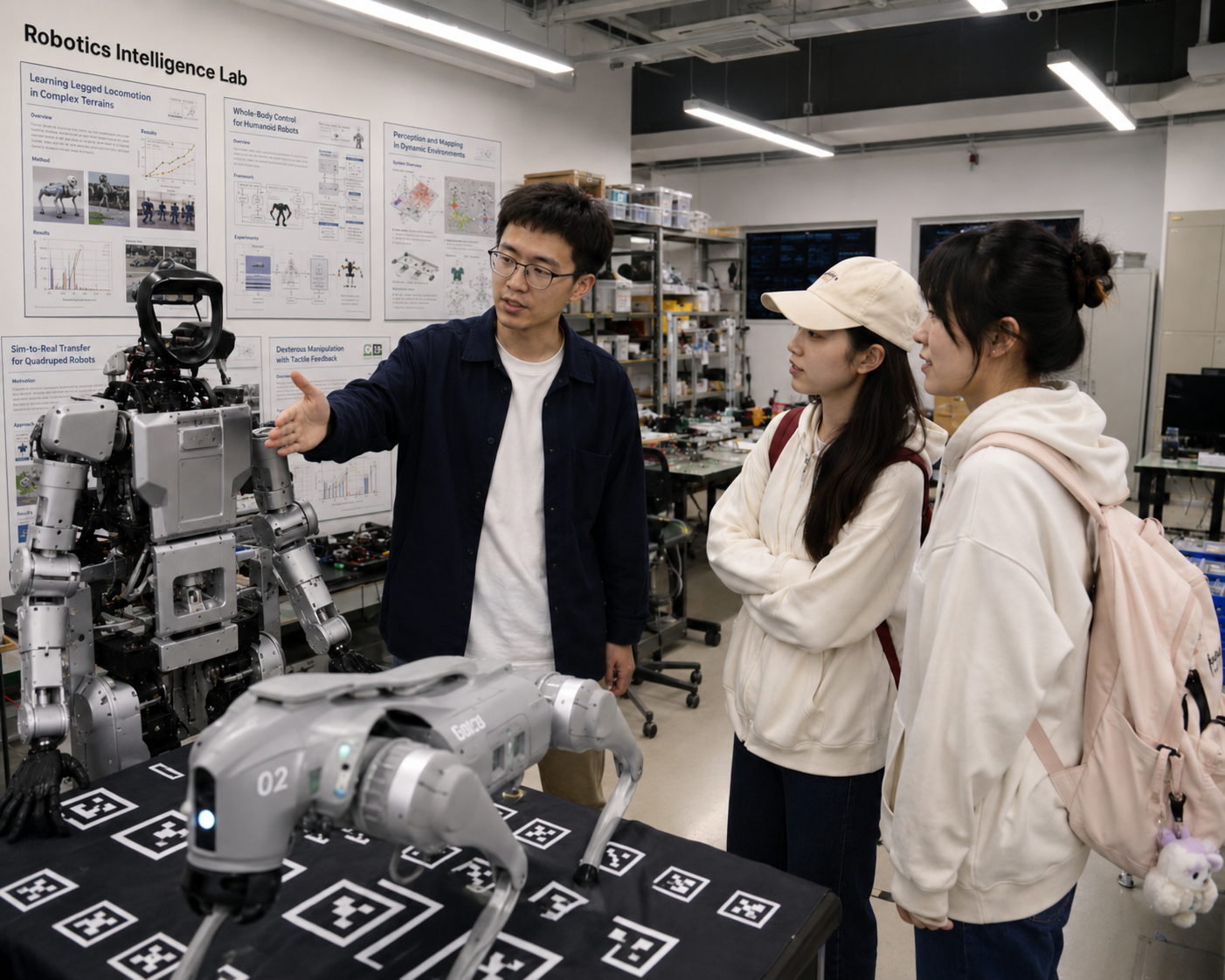 本地学生带访客参观机器人实验室。