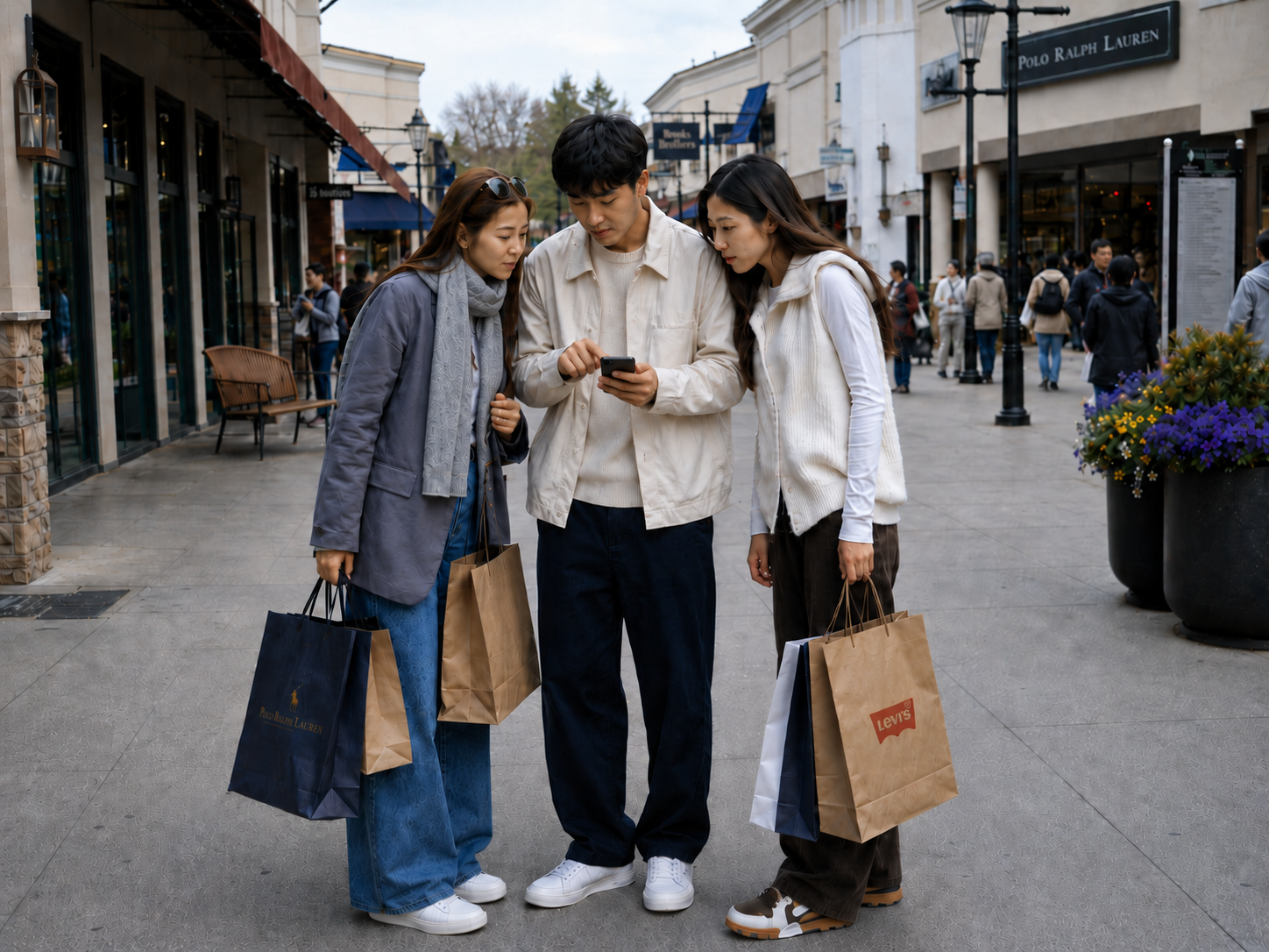 熟悉本地购物的人和两位访客在奥莱购物。