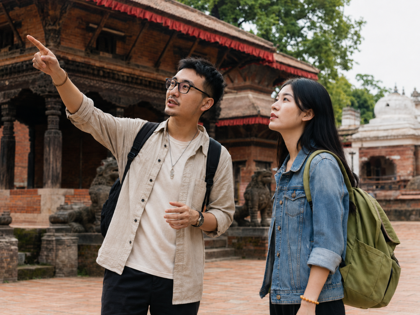 熟悉当地文化的人在传统寺庙庭院讲建筑。